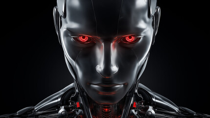 A futuristic humanoid robot with glowing red eyes representing artificial intelligence, power, and advanced technology.