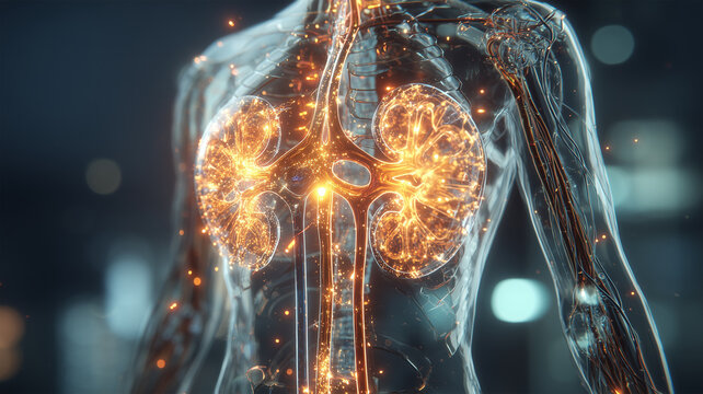 発光する腎臓が強調された人体図、医療コンセプトイメージ