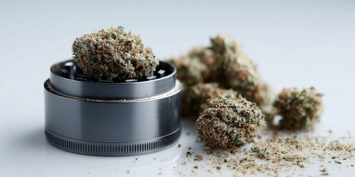 Cannabis buds are on a grinder
