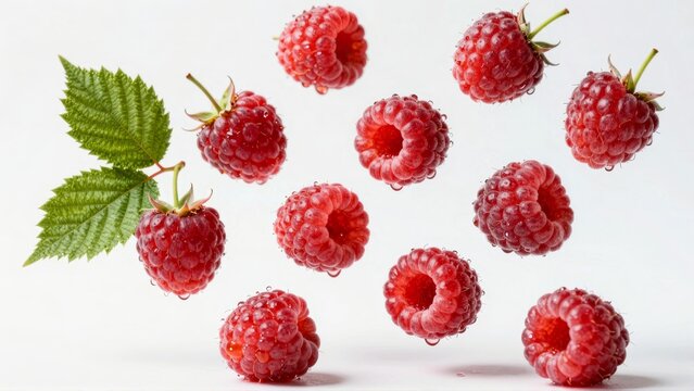 Fresh red raspberries with green leaves and water droplets - Powered by Adobe