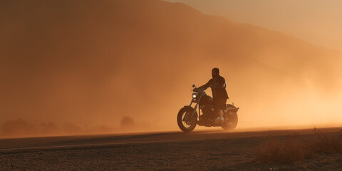 A lone biker traversing a dusty road during sunset, embodying freedom and adventure. The scene is bathed in a warm, golden light
