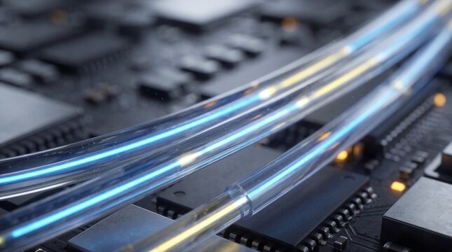 Digital Connectivity:  A close-up captures the intricacy of a motherboard and its network cables, illuminated with blue light, symbolizing the interconnectedness of technology. - Powered by Adobe