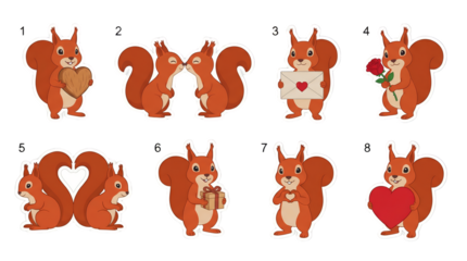 Cute red squirrel sticker set including characters with heart, rose, gift, and letter isolated. Romantic forest animal collection for valentines day.