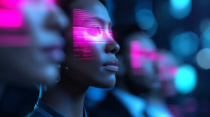 Futuristic portrait of diverse people illuminated by holographic digital interfaces symbolizing artificial intelligence, data, and human augmentation.
