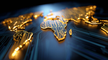 Glowing world map integrated with digital circuits representing global technology, data networks, and artificial intelligence.
