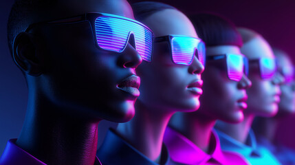 Futuristic portrait of diverse people illuminated by holographic digital interfaces symbolizing artificial intelligence, data, and human augmentation.
