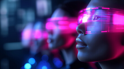 Futuristic portrait of diverse people illuminated by holographic digital interfaces symbolizing artificial intelligence, data, and human augmentation.
