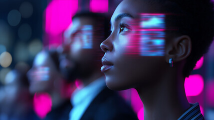 Futuristic portrait of diverse people illuminated by holographic digital interfaces symbolizing artificial intelligence, data, and human augmentation.
