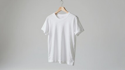White tshirt hanging on wooden hanger against gray background