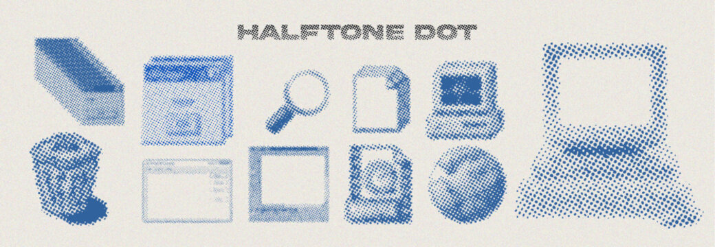Retro Monochrome Halftone Dots Office And Technology Elements Set Featuring Globe, Document, Computer, Laptop, Printer, And Trash Can, Inspired By Vintage Newspaper Print Texture