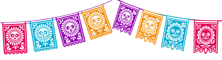 Dia de Los Muertos - Day of the Dead set of colorful mexican traditional paper cutting flags - papel picado.
