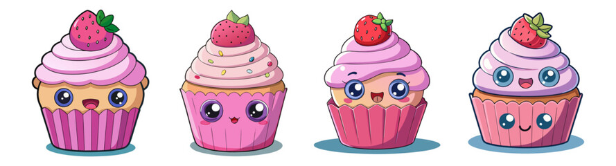 Cute Cupcake Character Set with Smiling Faces