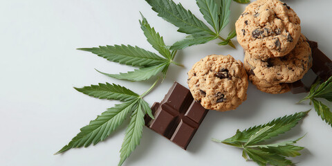 Cookies and cannabis leaves with chocolate. A close-up shot of delectable cookies and dark chocolate with cannabis leaves 