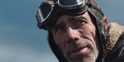 A man in vintage aviator goggles and a flight cap looking up towards the sky, capturing a moment of adventure and nostalgia. He exudes a sense of exploration and the thrill of flight.