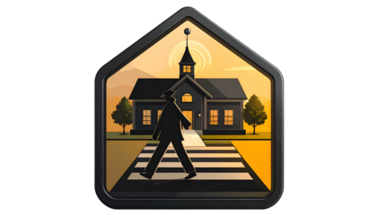 Silhouette of person crossing at crosswalk in front of school during sunset