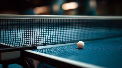 A ping pong ball is sitting on a blue table