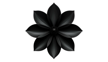 A symmetrical, stylized, black flower with multiple layered petals on a stark black background