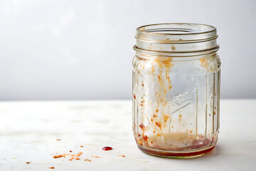 Empty jam jar streaked inside, white background.
