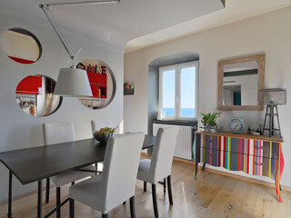 Interior view of a modern living room with wooden floor