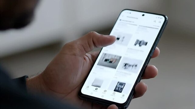 Close-up of Man Scrolling Through Online Shopping App on Smartphone, E-commerce Concept