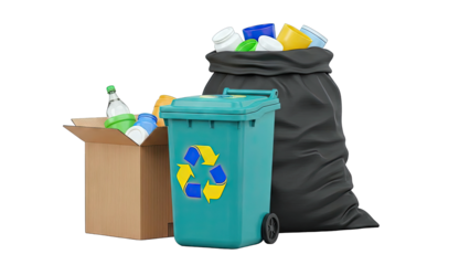 Recycling bins and trash bag with plastic waste