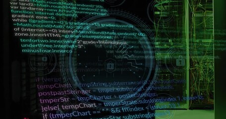Animation of padlock, cyber security text, computer language over data server systems - Powered by Adobe