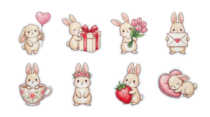Cute bunny rabbit sticker set including heart balloon, gift box, flowers, love letter, teacup, floral crown, strawberry, and sleeping poses isolated. Watercolor style animal character collection.