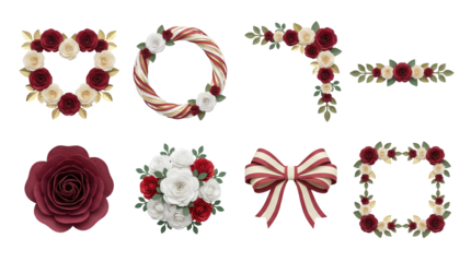 Paper flower set including rose heart, wreath, corner border, bow, and frame isolated. Decorative floral arrangement collection for wedding and holiday stationery.