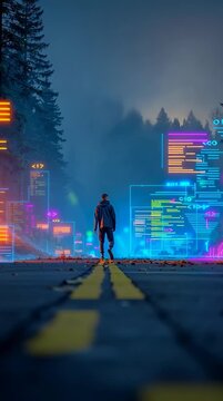 Ultra-realistic cinematic wide shot of a programmer standing on a real road, looking forward at his future path, minimalistic environment, subtle programming icons and code symbols floating in the dis
