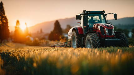 Modern red tractor spraying crops in wheat field at sunrise in scenic rural landscape