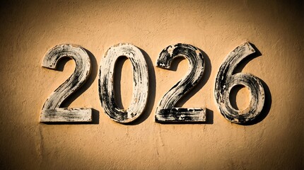 Weathered and aged three dimensional numbers clearly displaying the year two thousand twenty six mounted on stucco