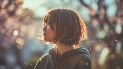 春色の光ボケを背景にした少女の横顔、透明感ある一枚