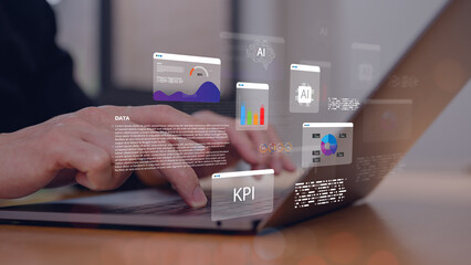 Business analytics dashboard on computer laptop with growth charts, financial performance metrics, data visualization and digital strategy concept and ai technology