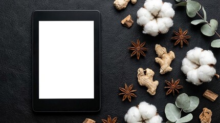 Ereader device with blank white screen resting beside fragrant spices and soft cotton on dark background