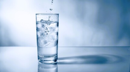 A single tall glass of clear water with ice cubes receives a final drop splashing gently onto the surface.