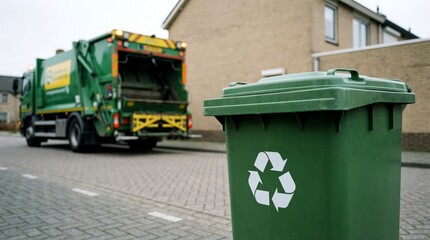 A green recycling bin with the universal symbol sits curb side awaiting collection by the sanitation truck.