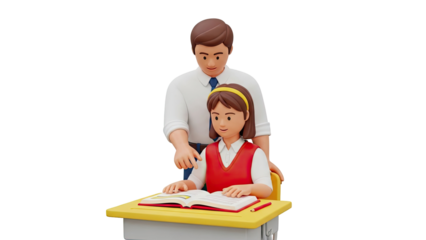 Teacher Assisting Student with Book at Desk