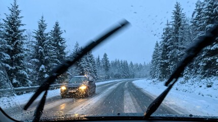 Driving on a wet and slippery mountain road flanked by snow covered pine trees during wintry weather conditions