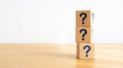 Wooden toy blocks stacked vertically display question marks symbolizing confusion uncertainty or frequent customer inquiries