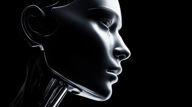Side profile of a sleek humanoid robot head emerging from darkness, symbolizing advanced artificial intelligence and futuristic cognition.

