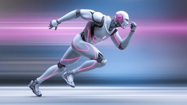 Futuristic humanoid robot sprinting at high speed through a digital environment, symbolizing artificial intelligence performance and technological acceleration.
