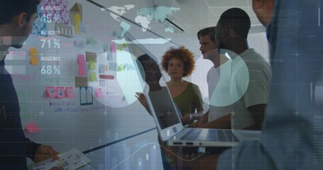 Animation of infographic interface, diverse coworkers discussing strategy on whiteboard in office - Powered by Adobe