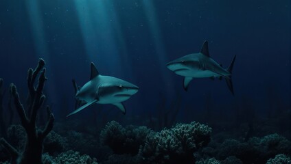 Two Sharks Swimming in Deep Blue Ocean Water with Sun Rays Shining Down.