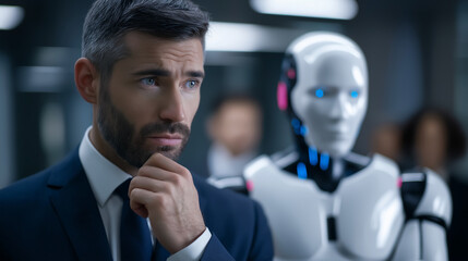 Businessman standing confidently beside a humanoid robot with a professional team in the background, representing human AI collaboration in the workplace.
