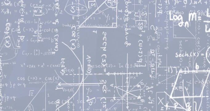 Animation of mathematical equations and diagrams over blue background