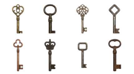 Vintage skeleton keys set including antique brass, iron, and bronze variants isolated. Ornate decorative hardware and security collection.