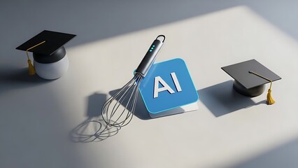 Artificial intelligence concept with graduation caps and whisk on white table with AI and education and technology and innovation and machine learning