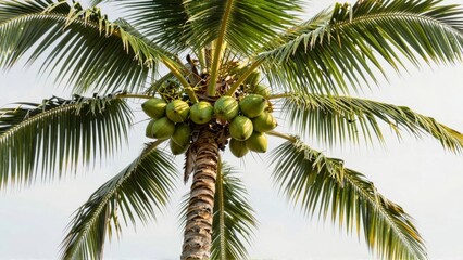 Palm tree with green coconuts against clear sky