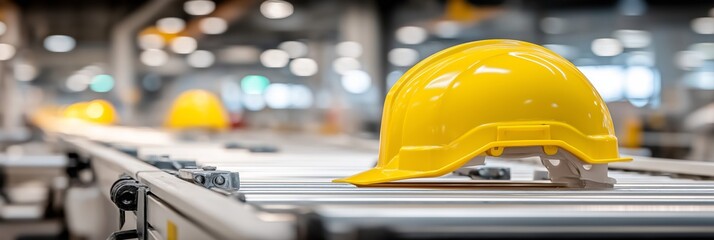 Yellow hard hat moving on factory conveyor belt. Yellow hard hat resting on a roller conveyor in a manufacturing plant