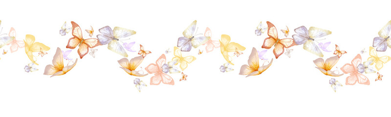 Delicate pink and lilac butterflies on a seamless border. Watercolor illustration. Summer and spring butterflies isolated on the background. For printing on textiles, holiday cards, and invitations. © Elena